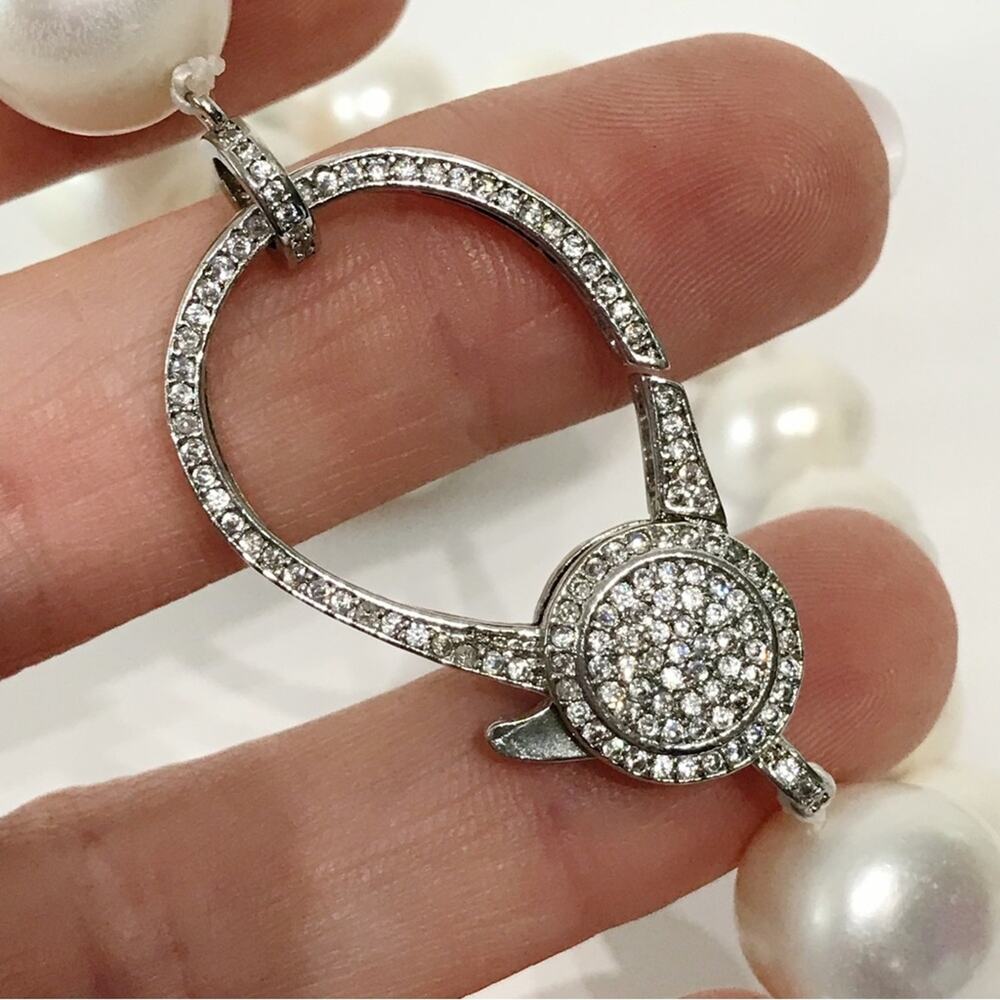 Real 14mm Pearl Necklace Large CZ Clasp Pave Crystal 21" Hand Knotted Chunky VTG - Picture 8 of 15